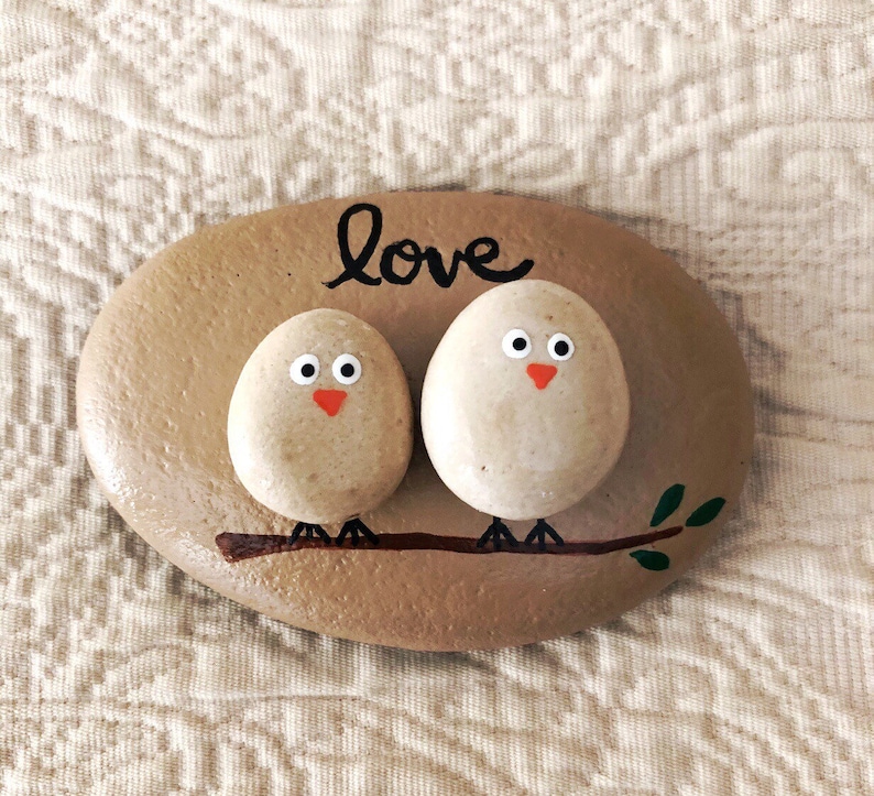 Lovebirds Pebble Art Painted Rock, Pebble Art with Birds, Love Birds on a Branch, Gift for Spouse or Partner, Anniversary Gift, Wedding Gift image 1