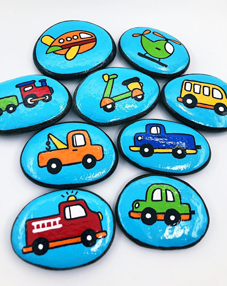 Airplane and Helicopter Stones Vehicles Story Stones Early Literacy Tool Transportation Party Favors Set of Cars and Trucks Story Rocks