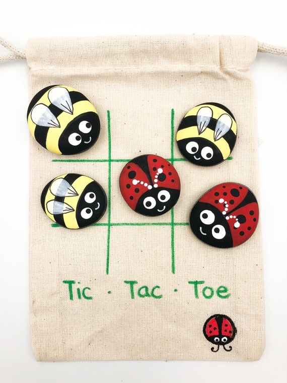 Hand Painted Ladybug & Bumblebee Tic Tac Toe Game: Garden Stone