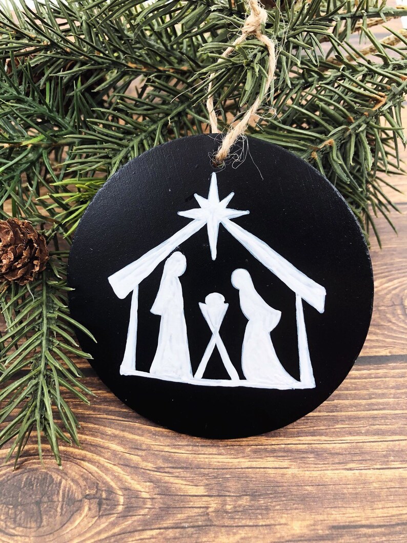 Black And White Silhouette Nativity Ornament Wooden Image 0