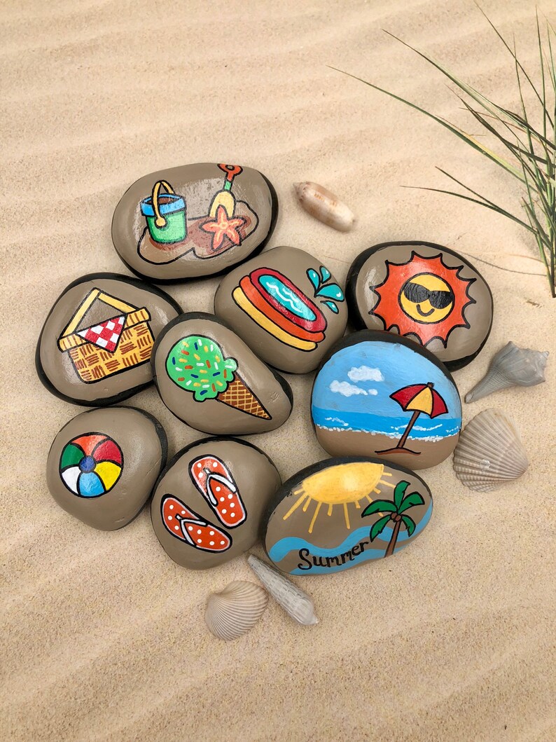 Summer Story Stones, Summertime Story Starters, Beach Time Painted Rocks, Story Rocks, Summer Story Prompts, Vacation Activity Stones image 3