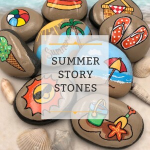 Summer Story Stones, Summertime Story Starters, Beach Time Painted Rocks, Story Rocks, Summer Story Prompts, Vacation Activity Stones image 2