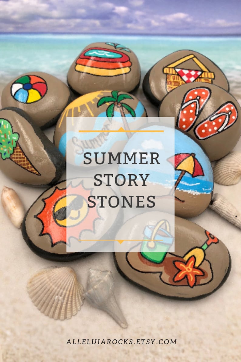 Summer Story Stones, Summertime Story Starters, Beach Time Painted Rocks, Story Rocks, Summer Story Prompts, Vacation Activity Stones image 2