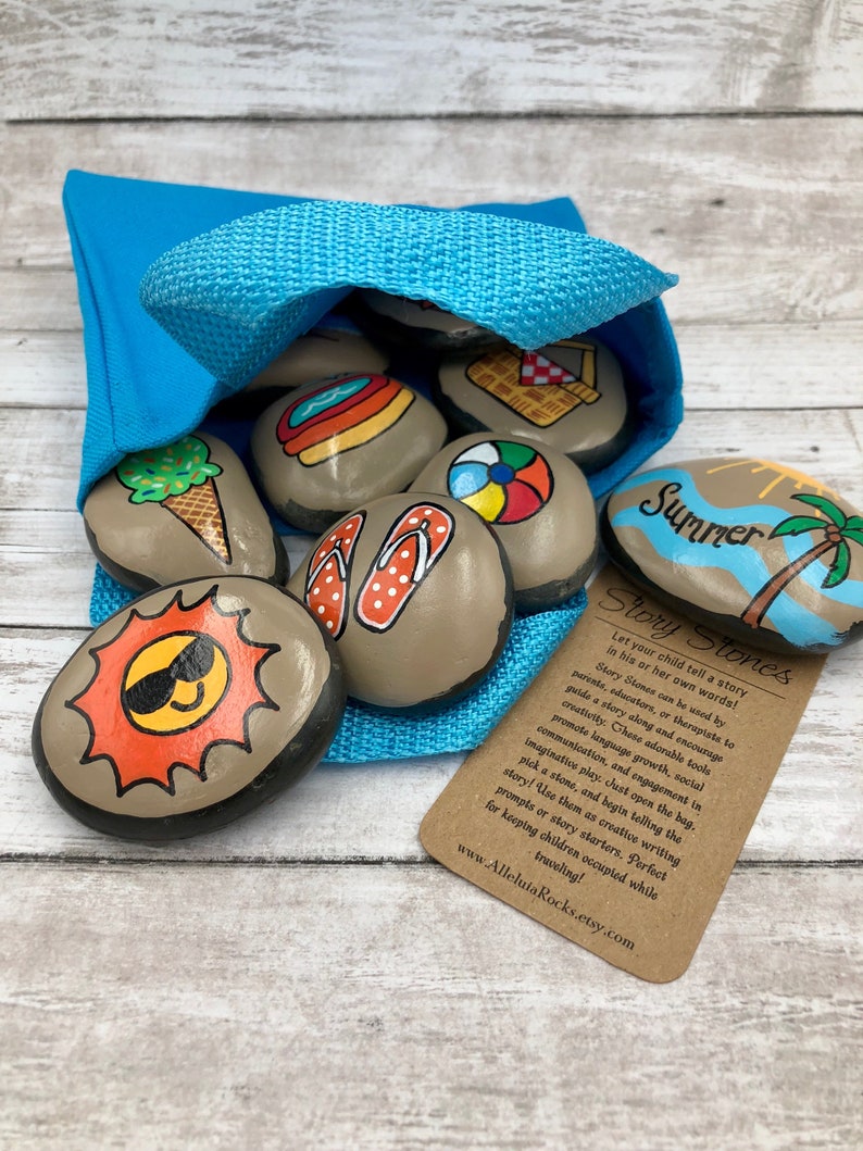 Summer Story Stones, Summertime Story Starters, Beach Time Painted Rocks, Story Rocks, Summer Story Prompts, Vacation Activity Stones image 9