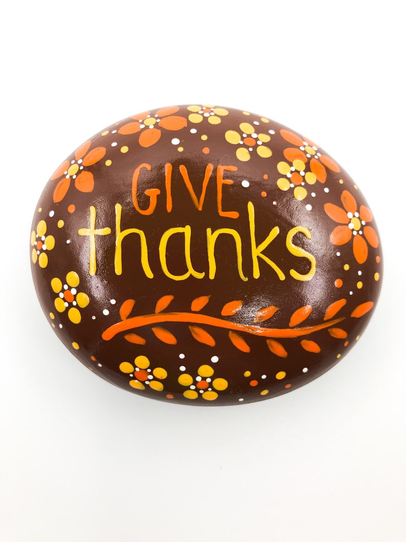 Give Thanks Painted Rock, Thanksgiving Decoration, Harvest Decoration, Thanksgiving Table, Hostess Gift, Hand-Painted Rock image 1