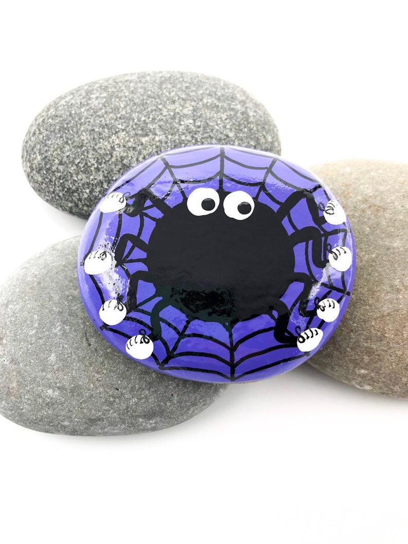 Halloween Painted Rock, Spider Painting, Spider Web, Hand Painted Rock image 2