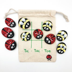 Hand Painted Ladybug & Bumblebee Tic Tac Toe Game: Garden Stone Set