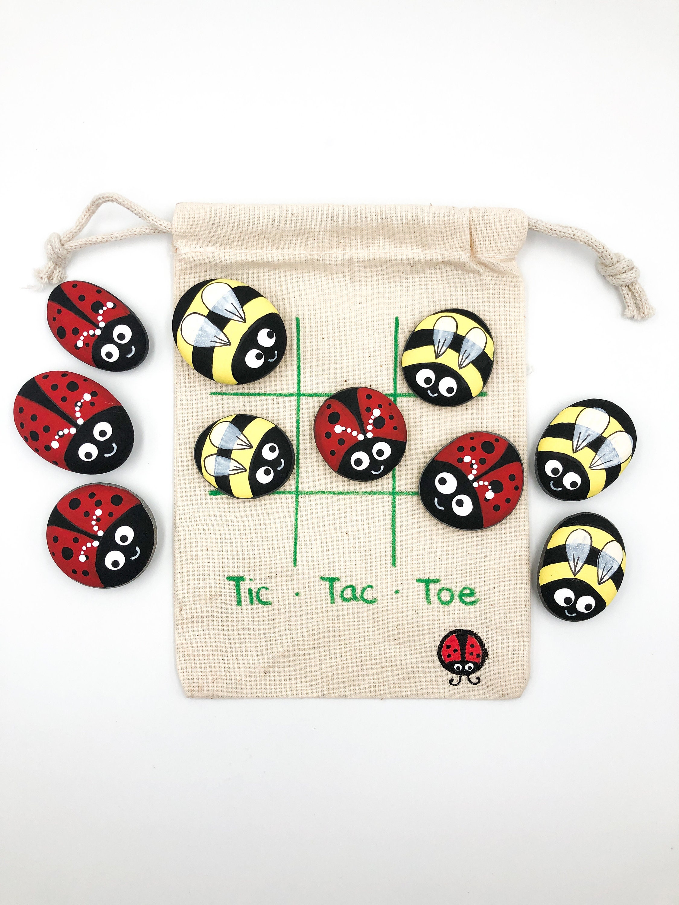 Hand Painted Ladybug & Bumblebee Tic Tac Toe Game: Garden Stone