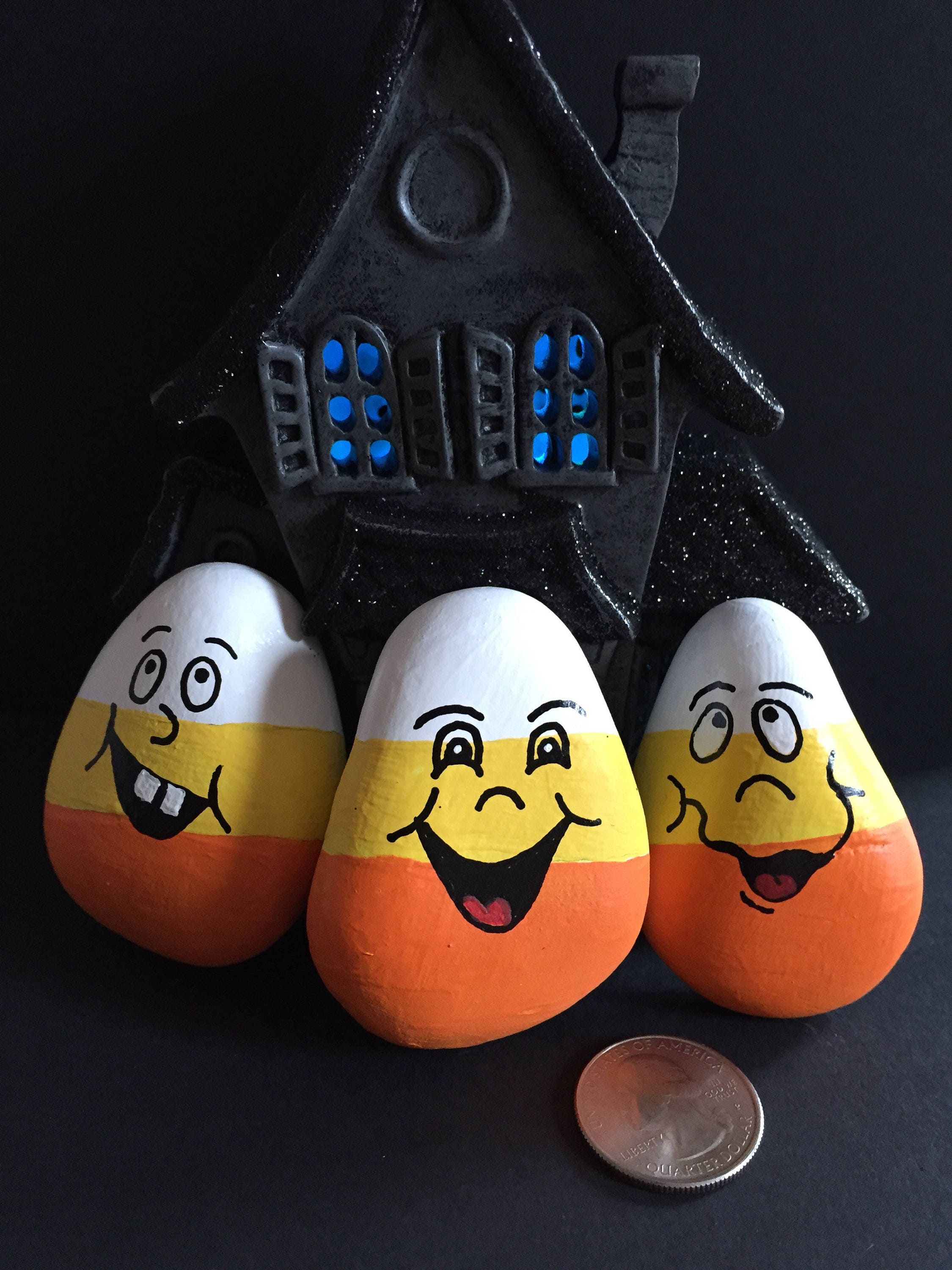 Halloween Painted Rocks, Candy Corn, Set of 3, Silly Faces, Painted ...