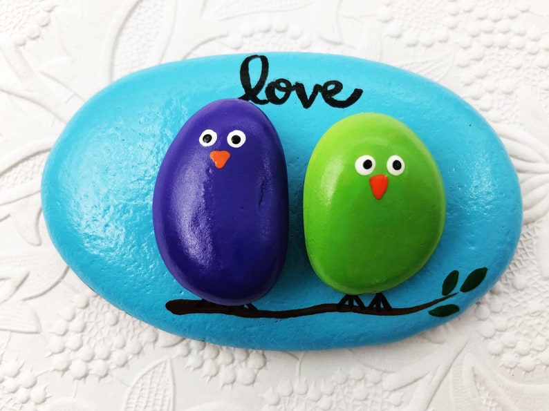 Lovebirds Pebble Art Painted Rock, Pebble Art with Birds, Love Birds on a Branch, Gift for Spouse or Partner, Anniversary Gift, Wedding Gift image 2