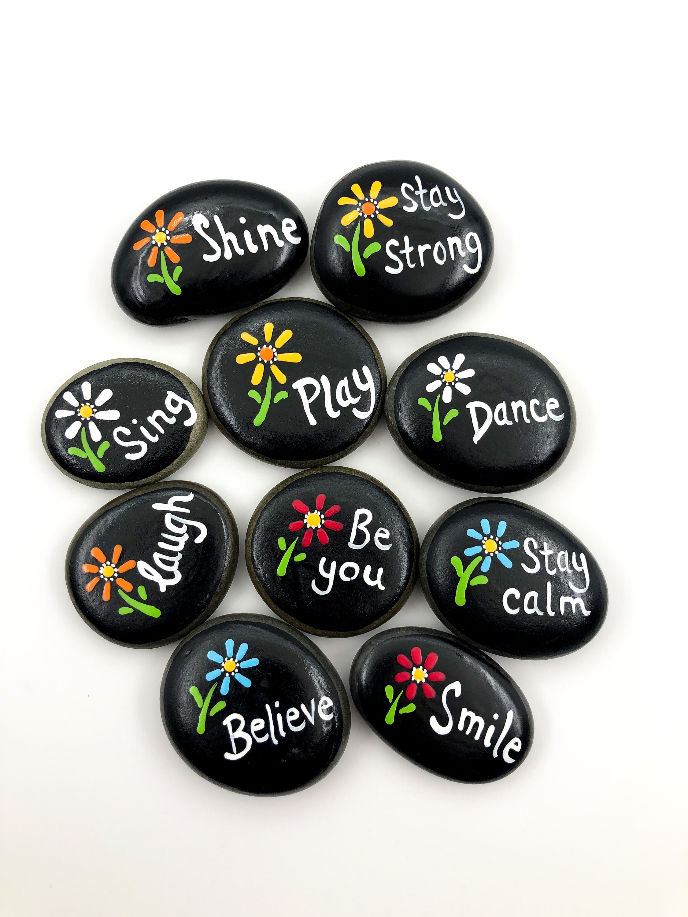 Affirmation Painted Rocks: Encouragement Stones with Flowers, Set of 10