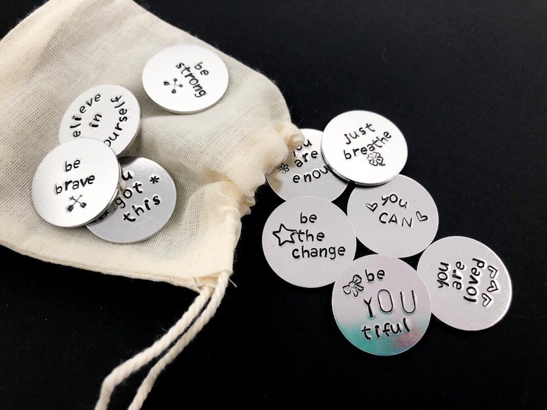 Pocket Coins with Custom Words of Encouragement, Set of 10 Custom Affirmation Tokens, Hand Stamped Pocket Coin, Recovery Gift, Support Group image 5