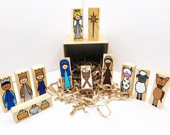 Nativity Scene Story Starters on Solid Pine Blocks, Christmas Story, Birth of Jesus Toy, Nativity Story Starters, Story Stones, Manger Scene