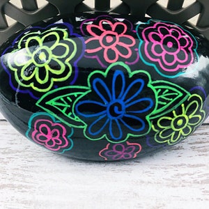 Neon Flowers Painted Rock, Neon Flowers and Leaves, Hand-painted rock, Christmas gift, Teacher gift, Stocking stuffer image 2