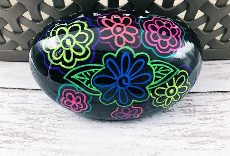 Neon Flowers Painted Rock, Neon Flowers and Leaves, Hand-painted rock, Christmas gift, Teacher gift, Stocking stuffer image 2