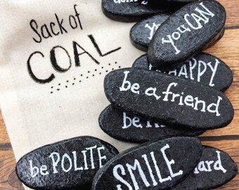 Sack of Coal Painted Pebbles, Words of Wisdom Rocks, Bag of Coal for Encouragement, Christmas Stocking Coal, Pocket Rocks for Kids