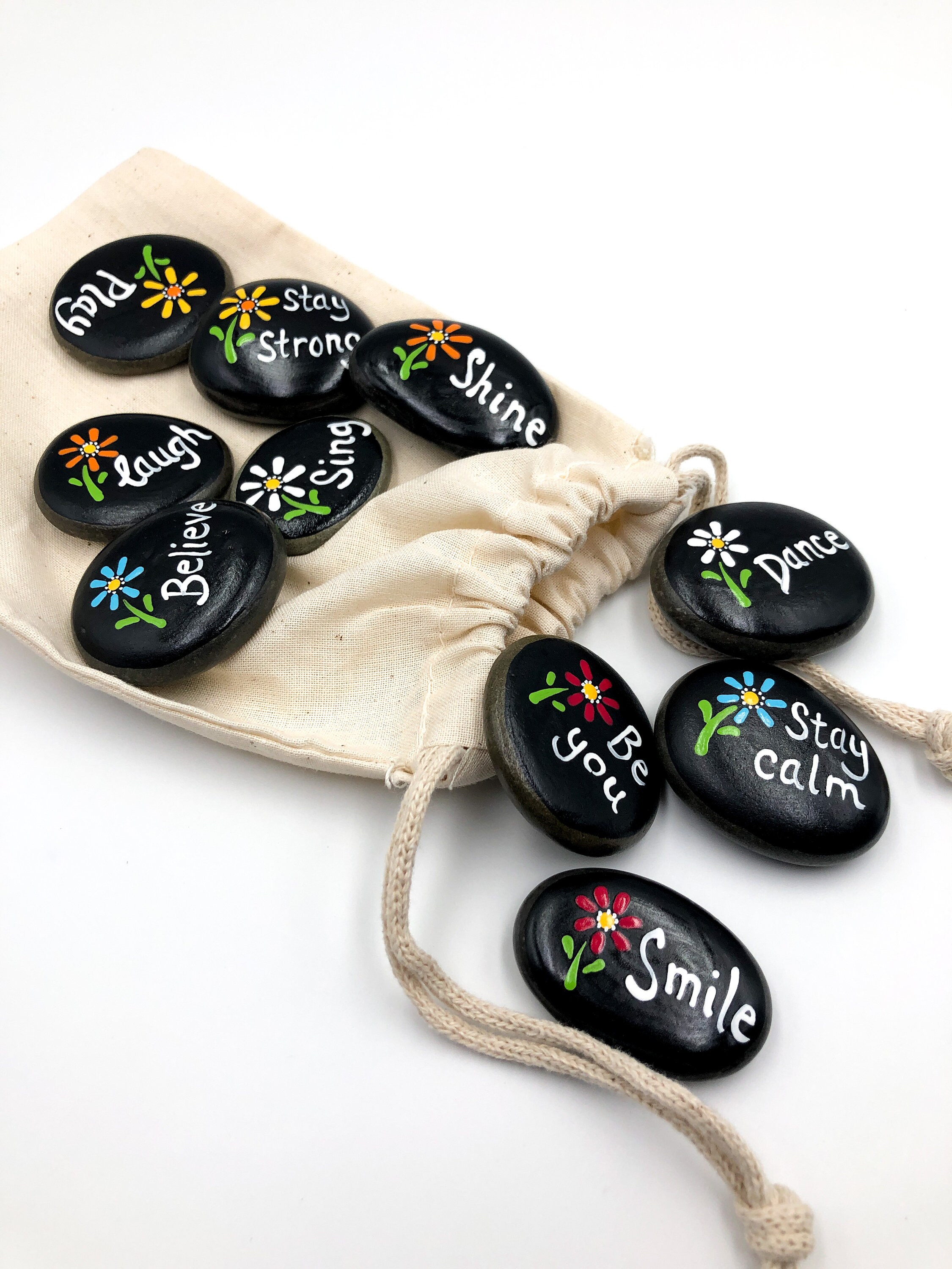 Affirmation Stones: Set of 10 Painted Encouragement Rocks With Flowers ...