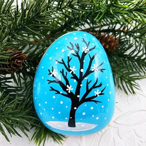 Winter Tree Painted Rock, Tree in Snow, Hand Painted Rock, Teacher Gift, Christmas gift, stocking stuffer, Snow Scene, Silhouette Tree