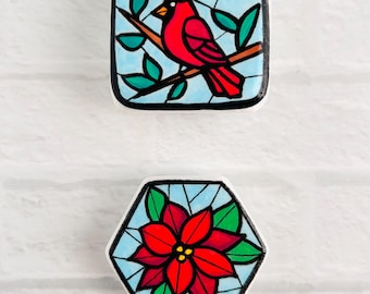 Christmas Rock Magnet, Hand Painted Cardinal and Poinsettia Magnets, Stained Glass Style Santorini Stone Holiday Decor
