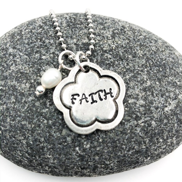 Faith Necklace with Pearl Bead, Hand Stamped Pewter Flower Shaped Pendant, Necklace with Faith Pendant and Bead