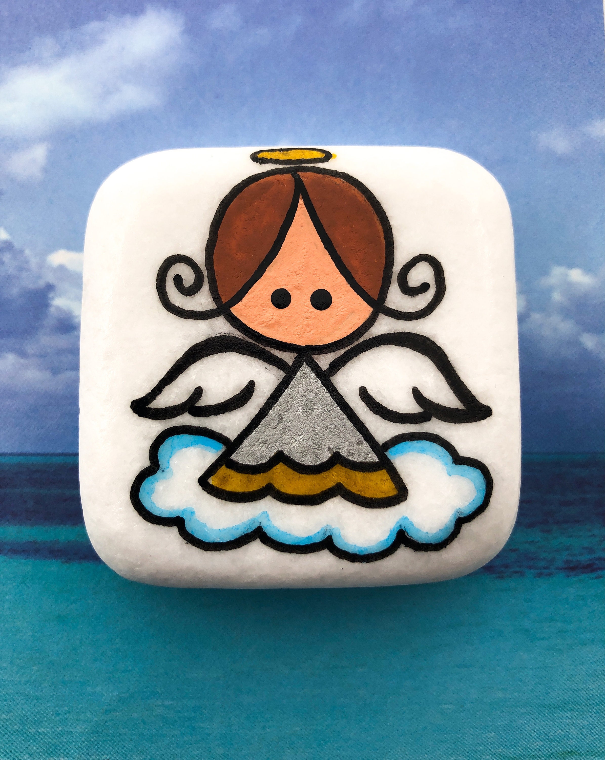 Hand-painted Guardian Angel Stone: Personalized Santorini Rock