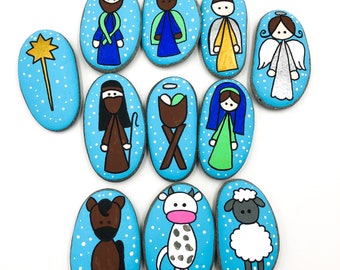 Piedras para la historia de la Natividad con colores brillantes, piedras para la historia de la Natividad, piedras para la historia del nacimiento de Jesús, pesebre, inicios de la historia de la Natividad