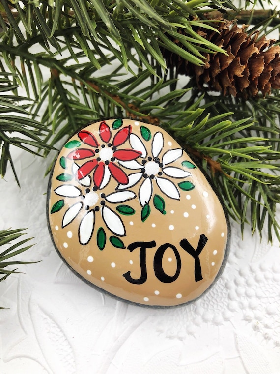 Joy Painted Rock Christmas Joy Hand Painted Rock Holiday Greeting Flowers In Snow Teacher Gift Stocking Stuffer - 