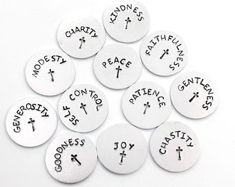 Galatians 5 Fruit of the Spirit Hand Stamped Aluminum Tokens, 12 Christian Scripture Pocket Coins, Holy Spirit Attributes, Bible Verse