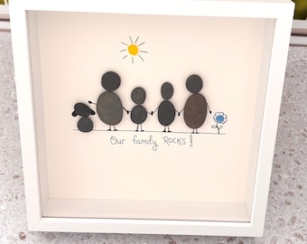 Custom Family Pebble Art Frame 8x8, Personalized Family Gift, Pebble Art Family Portrait, Our Family Rocks Sign, Handmade Shadow Box Decor