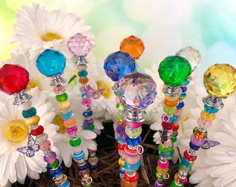 Beaded Fairy Garden Stake: Crystal Topper, Butterfly Charm, Plant Ornament