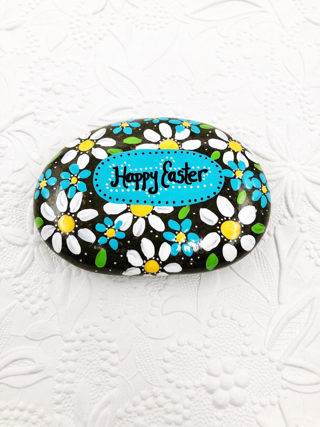 Happy Easter Painted Rock: Hand-painted Daisies, Easter Gift - Etsy