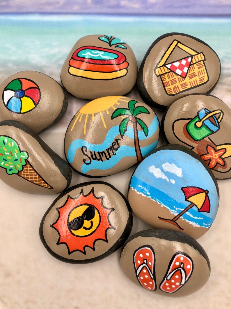 Summer Story Stones, Summertime Story Starters, Beach Time Painted Rocks, Story Rocks, Summer Story Prompts, Vacation Activity Stones image 4