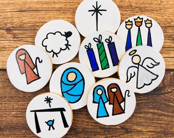 Iniciadores de historias de la Natividad, Piedras de la Natividad en discos de madera, Piedras de la historia de Navidad, Nacimiento de Jesús, Pesebre, Juego de Natividad