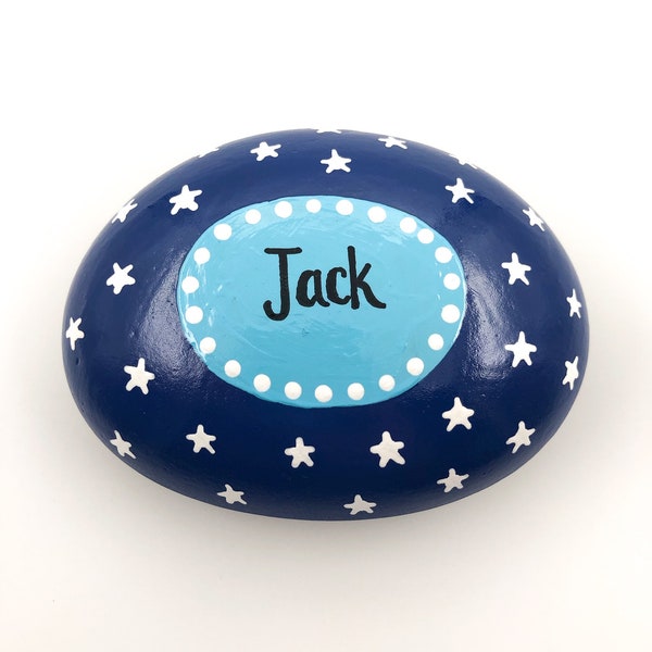 Painted Rock with Custom Name in Blue with Stars, Personalized Painted Stone for Boys, Memorial Painted Stone, Custom Name Painted Rock