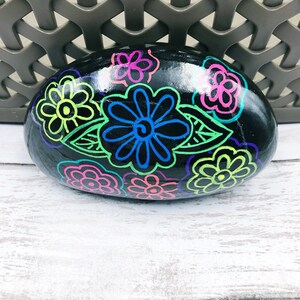 Neon Flowers Painted Rock, Neon Flowers and Leaves, Hand-painted rock, Christmas gift, Teacher gift, Stocking stuffer image 3