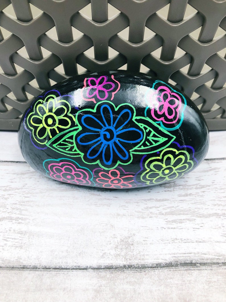 Neon Flowers Painted Rock, Neon Flowers and Leaves, Hand-painted rock, Christmas gift, Teacher gift, Stocking stuffer image 3