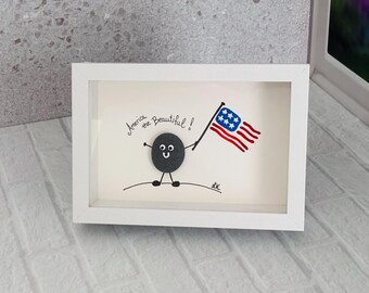 Patriotic Pebble Art, America the Beautiful Decor, 4th of July Gift, Handmade American Flag Pebble Art, Patriotic Shadow Box Frame