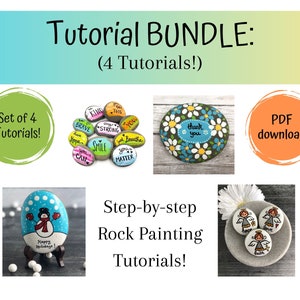 Bundle of 4 Rock Painting Tutorials, Four Tutorials in One, Kindness Rocks, Flower Garden, Angel Trio, Juggling Snowman Easy DIY Bundle