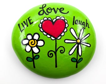 Live Love Laugh Painted Rock, Flowers Painted Stone, Encouragement Rock, Affirmation Stone, Heart Flower, stocking stuffer