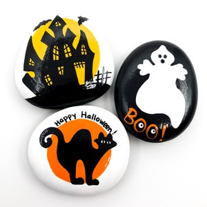 Halloween Painted Rock Trio: Ghost, Cat, Haunted House