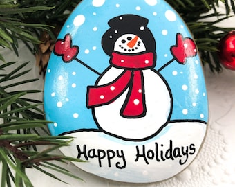 Happy Holidays Painted Rock, Snowman Hand Painted Rock, Snow Scene, Teacher Gift, Stocking Stuffer, Happy Snowman