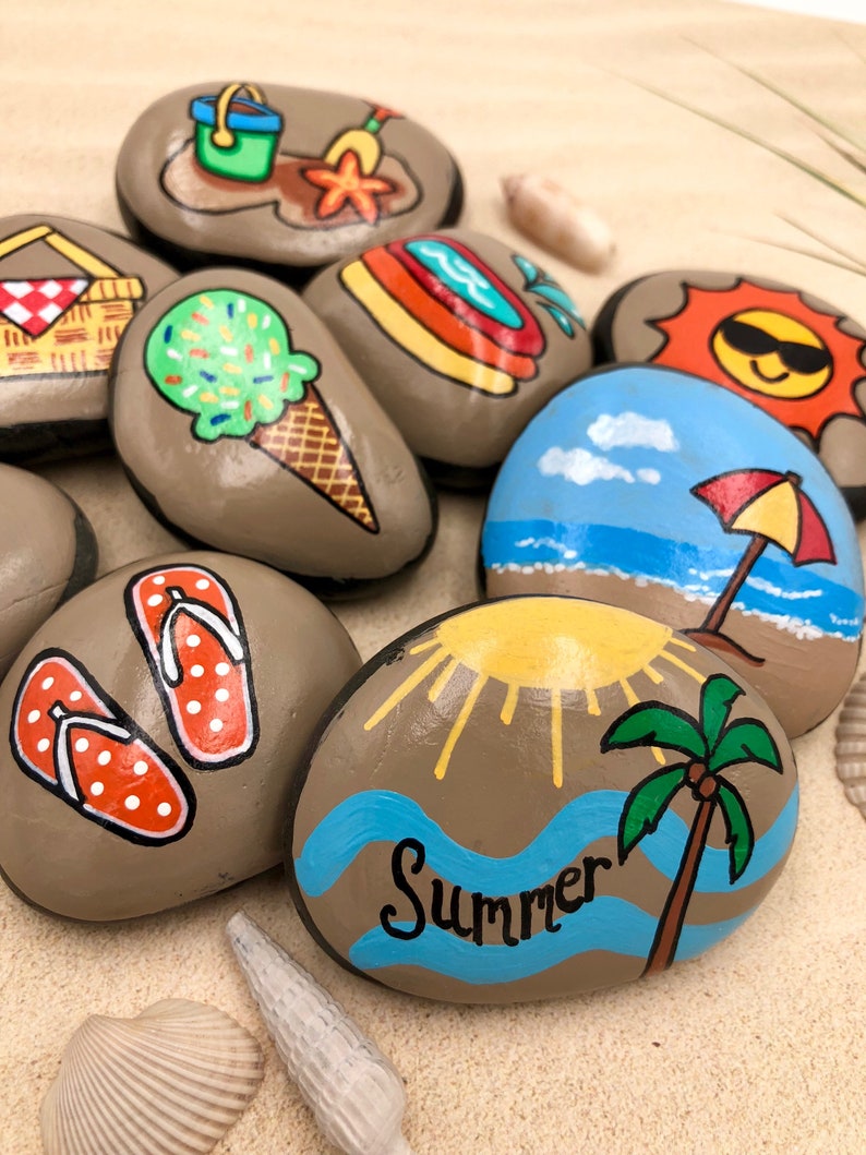 Summer Story Stones, Summertime Story Starters, Beach Time Painted Rocks, Story Rocks, Summer Story Prompts, Vacation Activity Stones image 8