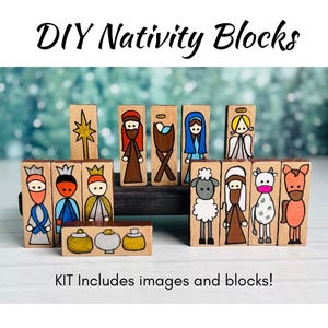 May include: DIY Nativity Blocks kit. Wooden blocks feature hand-painted images of the Nativity scene, including the star, Mary, Joseph, baby Jesus, angels, wise men, sheep, and animals. The kit includes images and blocks.
