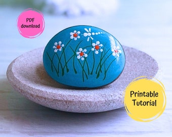 TUTORIAL - Daisies and Dragonflies Rock Painting, Easy Step By Step Downloadable Tutorial, Paint Your Own Daisy Rocks, Easy DIY Project