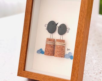 Pebble Art Love Birds Frame, Couple Gift, Anniversary Gift, Wedding Gift, Bird Pebble Art, Sea Glass Art, Romantic Decor, Shadow Box Art