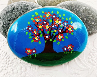 Flowered Tree Painted Rock, Easter Gift, Spring Flowers, Teacher gift, Christmas gift, Stocking stuffer, Hand Painted Rock