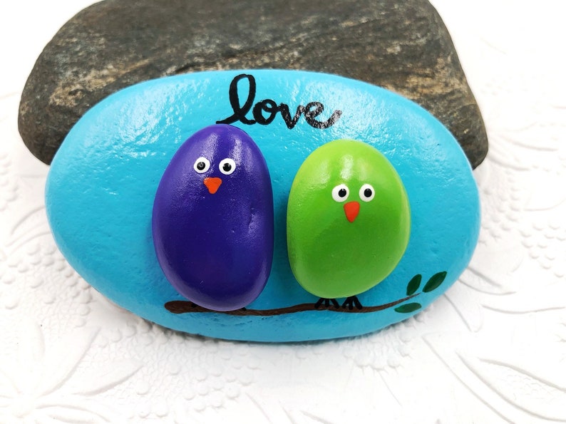 Lovebirds Pebble Art Painted Rock, Pebble Art with Birds, Love Birds on a Branch, Gift for Spouse or Partner, Anniversary Gift, Wedding Gift image 8