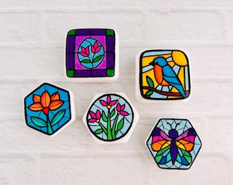 Hand Painted Rock Magnet, Stained Glass Style Santorini Stone Art, Bird Flower and Butterfly Fridge Magnet, Choose Your Design