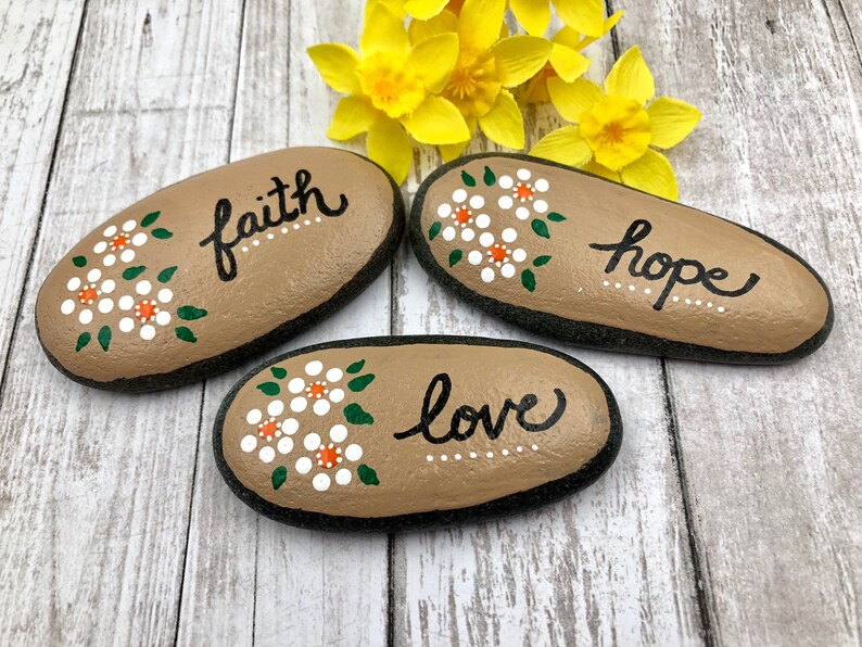 Faith Hope Love Stones, Christian Rocks, Painted Stones, Pocket Rocks, Affirmaton Stones, Bible Verse rocks, Sunday School Gift image 3