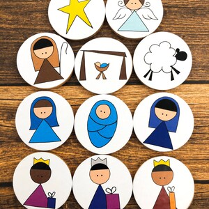 Nativity Story Tokens: Jesus&#39; Birth Story Starters on Wooden Discs
